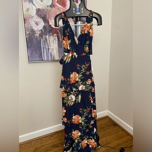 NWT Lulus Bouquet, Girl, Hey! Navy Blue Floral Print Wrap Maxi Dress Sz XS